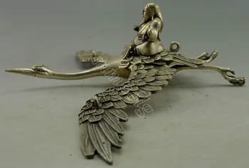 

Crafts statue Collectible Decorated Old Silver Plate Copper Carve Immortal Flying Crane Statue