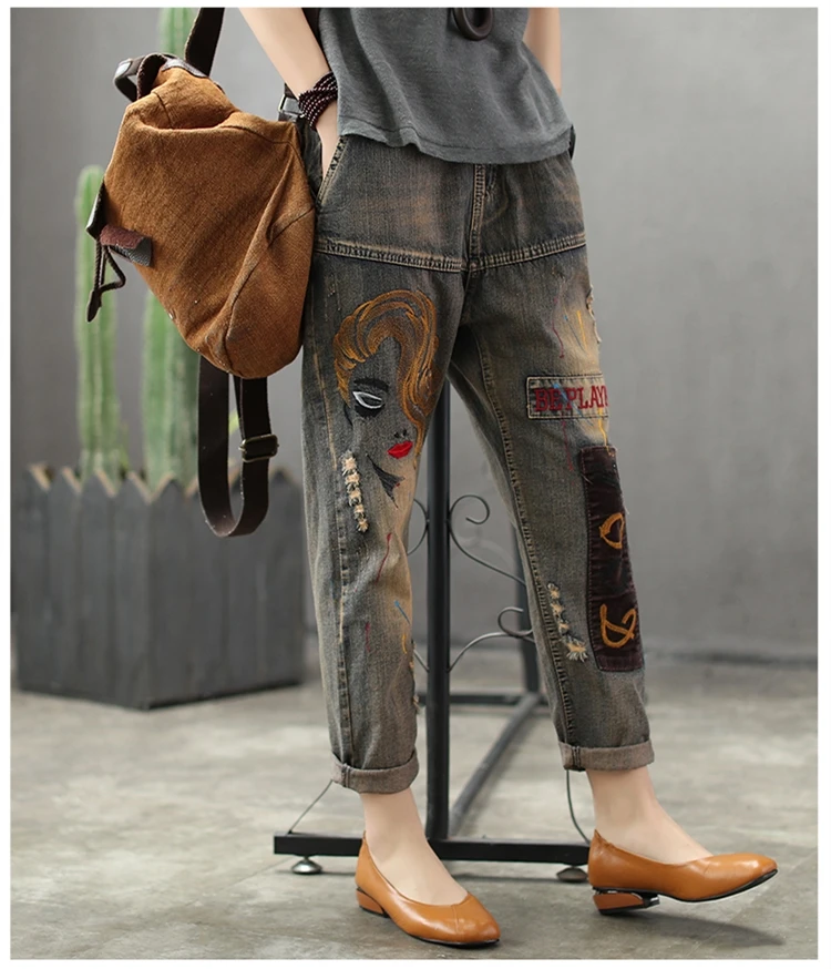Женские весенне-осенние модные брендовые винтажные джинсы в Корейском стиле с эластичной резинкой на талии и вышивкой, штаны-шаровары, женские повседневные брюки