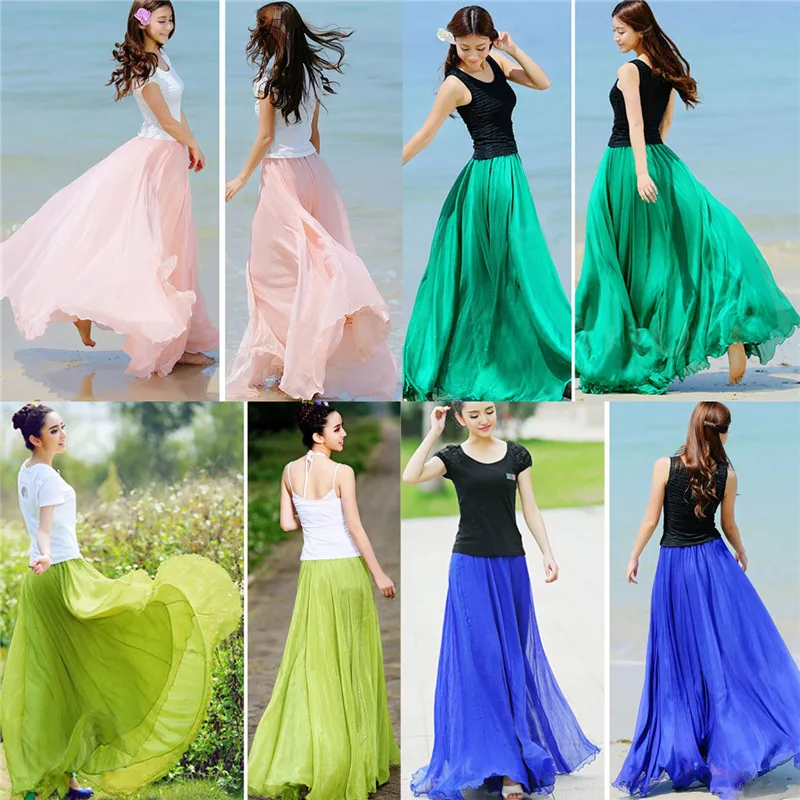 

2018 Summer New Fashion Vintage Bohemia Chiffon Candy Color Women Floor-Length Long Maxi Beach Party Loose Flare Pleated Skirt