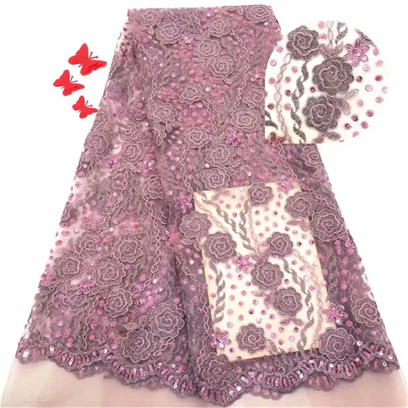 

High Quality Imported Wholesale 100% Polyester African Onion Tulle Lace French Net Sequins Lace Fabric For Wedding peach