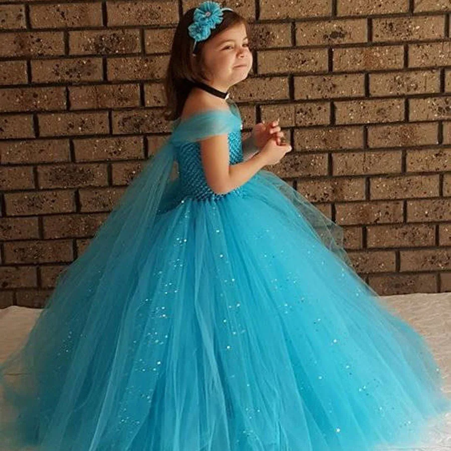 Girls Blue Glitter Princess Tutu Dress Elsa Inspired Kids Rhinestone Wedding TUTU (4)