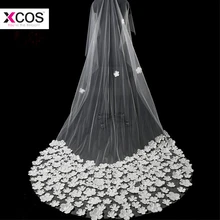 Дешевые невесты покрывалами Белый аппликация Тюль вэу-де-noiva Длинные собор фаты свадебные аксессуары кружева Фата