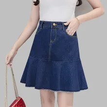 JSXDHK Лето русалка джинсовая мини-юбка Для женщин плюс Размеры оборками кисточкой Bodycon Джинсы Юбки Высокая Талия юбки для девочек S-5XL