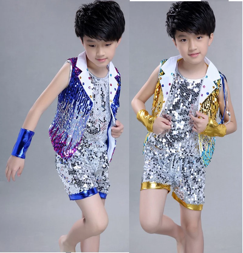 Children stage Dance boy performance flashing paillette sequins Hip hop Jazz modern competition suit costume clothes