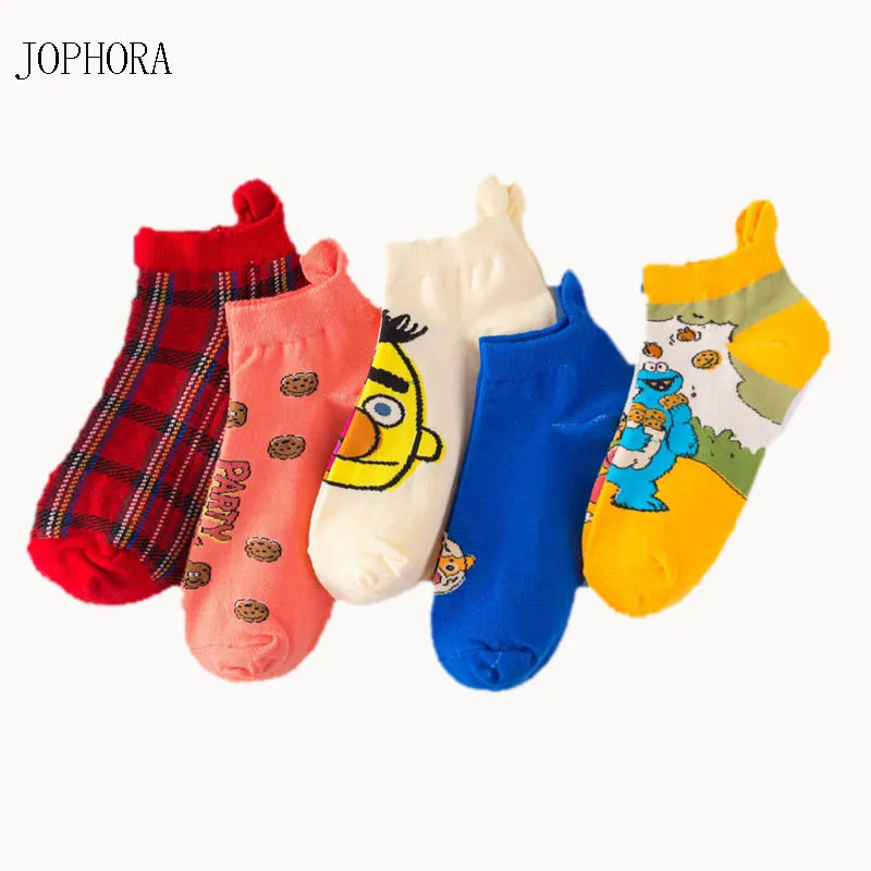 

Spring new tide socks Europe and America ins wind sesame street socks small tail left and right feet cotton couple boat socks