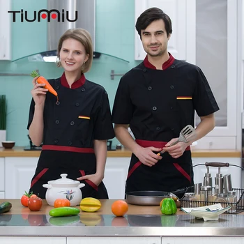 

New Arrival Unisex Chef Kitchen Workwear Jacket Summer ShortSleeve Patchwork Breathable Restaurant Hotel Waiter Uniform Overalls