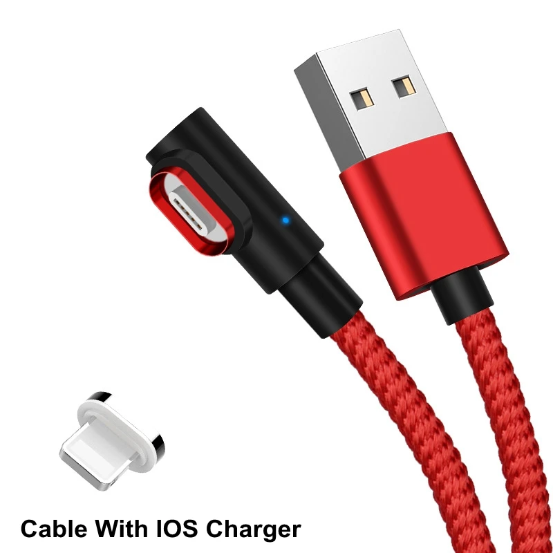 90 градусов 3A 1 м Быстрый Магнитный зарядный кабель Micro usb type C зарядное устройство нейлоновый кабель для передачи данных с оплеткой для кабеля мобильного телефона - Цвет: Red With IOS