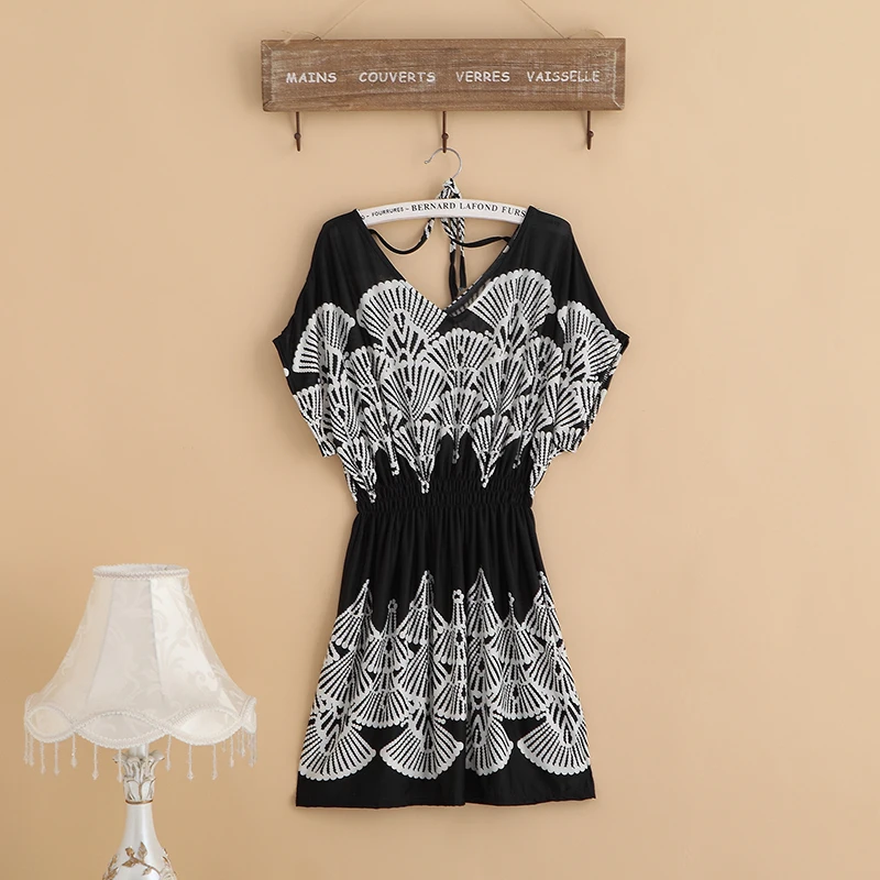 

women summer dresses 2018 spring Loose Print short sleeve tunics tunic v-neck dress casual Bohemian vintage XS-XL black