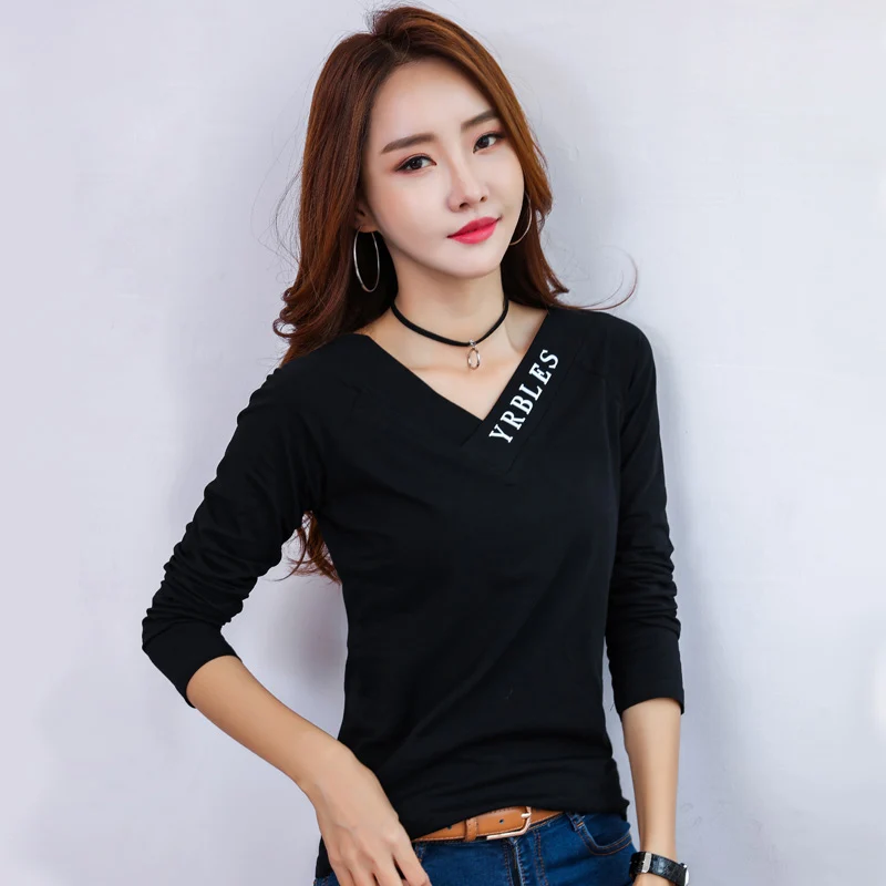 AOSSVIAO модная футболка женская футболка с длинным рукавом и буквенным принтом женская футболка с круглым вырезом Женская футболка корейская модная футболка женская - Цвет: Черный