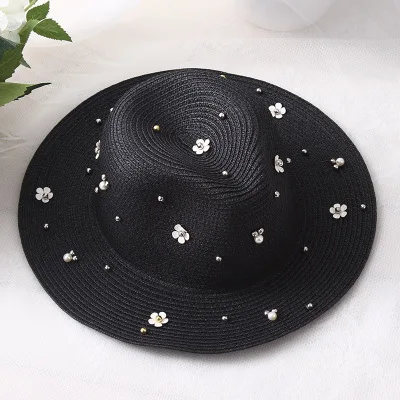 Новые шляпы на весну-лето для женщин с цветочными бусинами и широкими полями, джазовая Панама, шляпа от солнца, пляжная шляпа с цветком и жемчугом, соломенная шляпа с заклепками - Цвет: 1