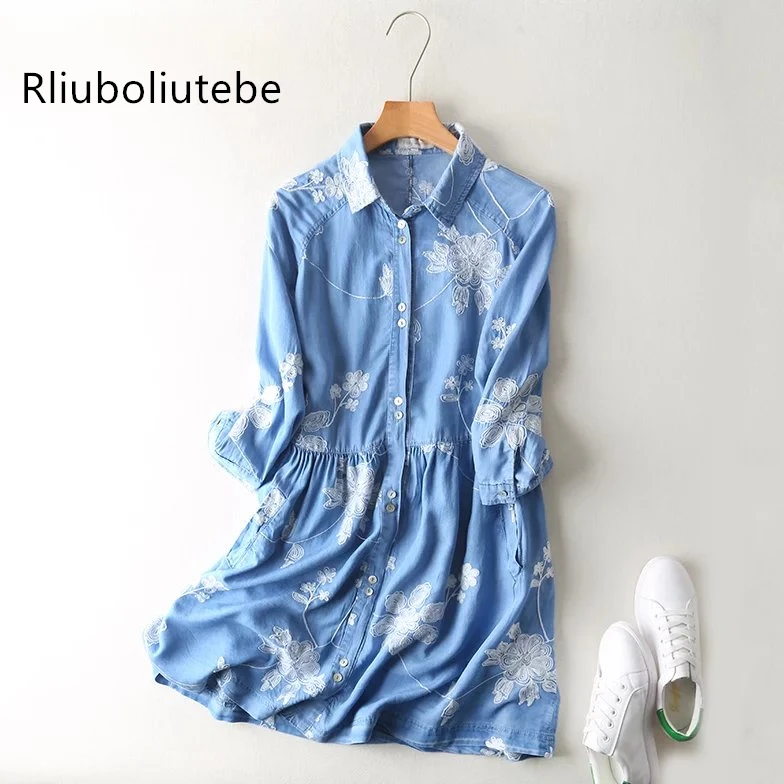 

Tencel Denim Shirt Dress Women Light Blue Floral Embroidered Casual Summer Long Shirt Mini Soft Jeans Dress vestido Spring