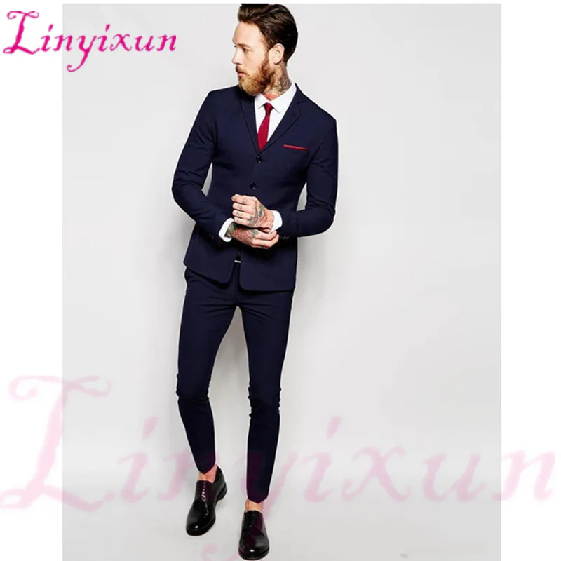 Linyixun Бизнес Синий Осень Нежный для мужчин ручной работы плюс размеры костюм Homme смокинг Свадебные костюмы для 2018 индивидуальный