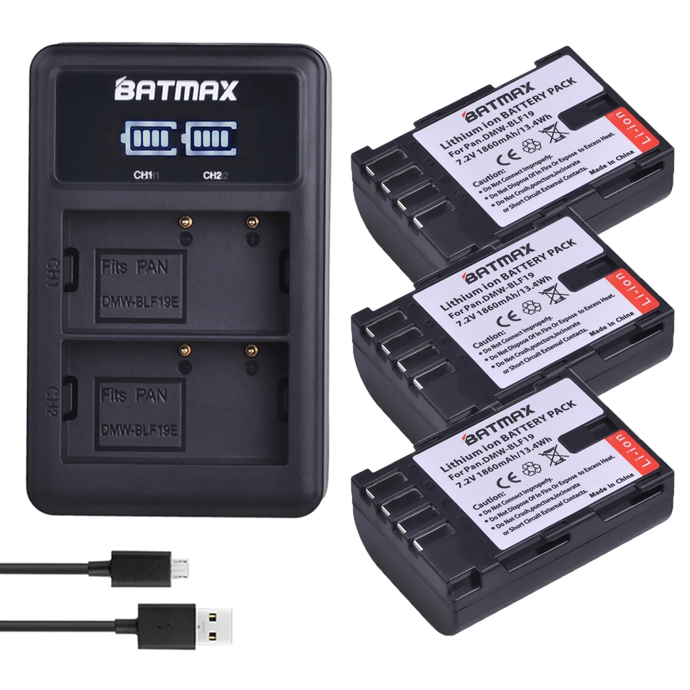 

3Pcs 1860mAh DMW-BLF19 DMW-BLF19E BLF19 BLF19E BLF19PP Battery + LED Dual USB Charger for Panasonic Lumix GH3 GH4 GH5 DMC-GH3