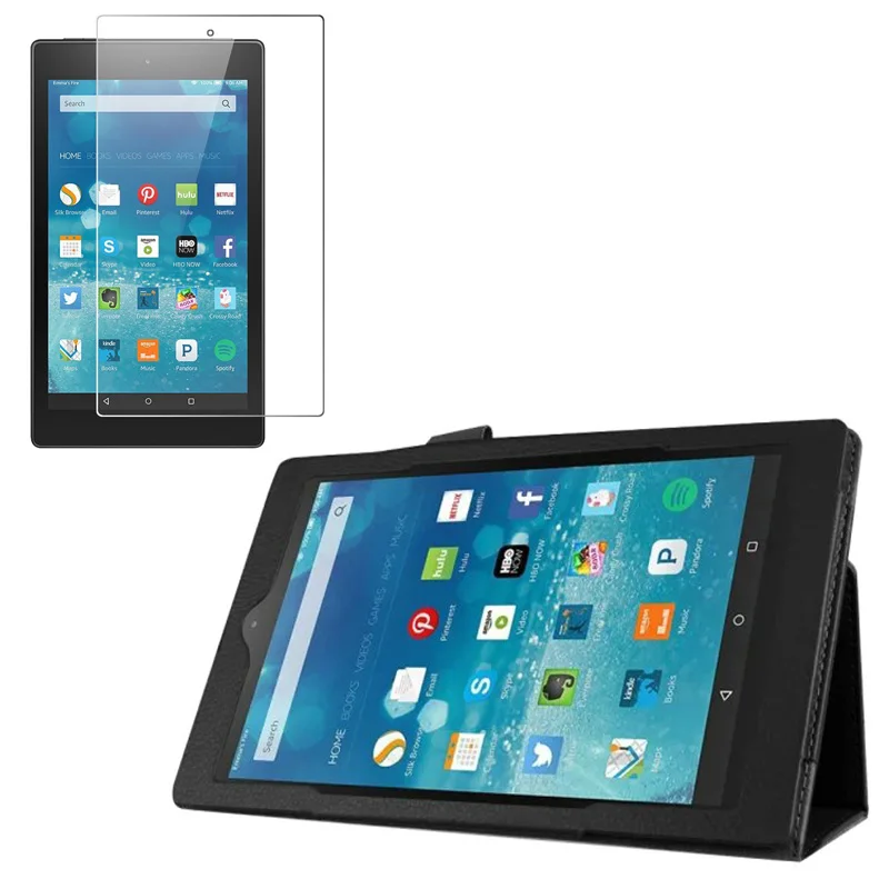 

1x Clear Screen Protector , Luxury Folio Stand Leather Case Protective Cover For Amazon Kindle New Fire HD 8 HD8 2015 8" Tablet
