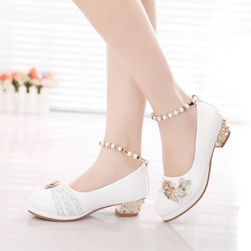 

girls shoes 2018 spring princess black white party formal pearls pink faux leather Footwear for girls 10 year old big size 26-37