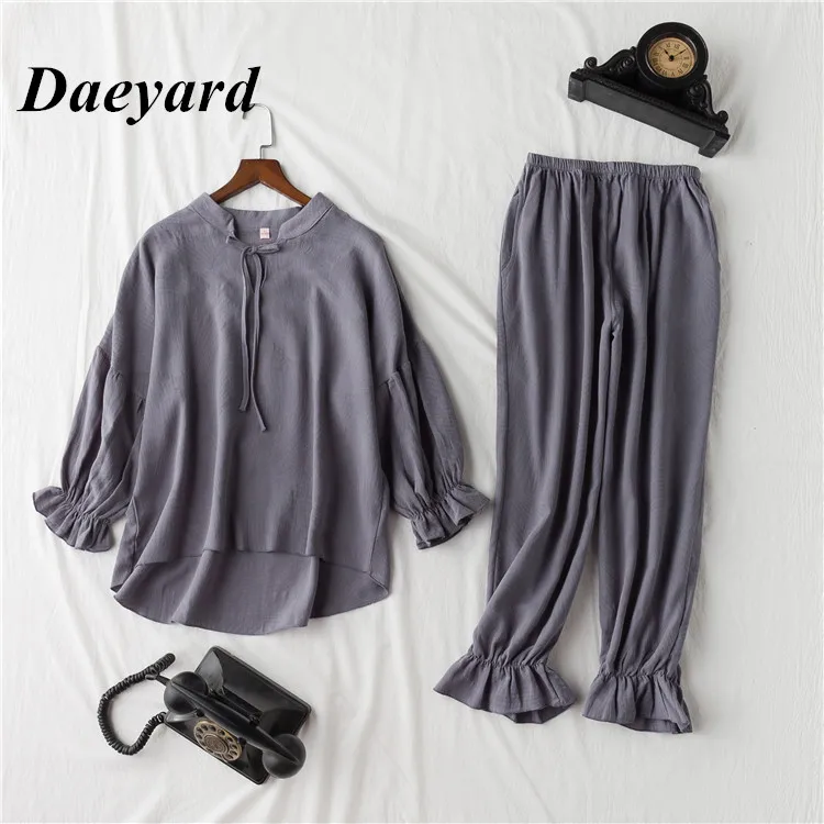 

Daeyard 100% Cotton Pajama Sets Women Vintage Long Sleeve Shirts and Trousers 2Pcs Soft Pyjamas Sleepwear Cute Pullovers Suit