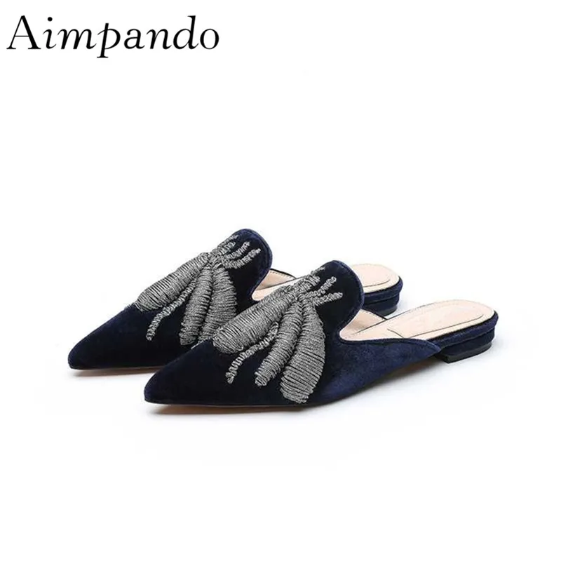 

Lazyman Mules Women Embroidery National Style Sexy Point Toe Fashion Outwear Holiday Flat Slippers