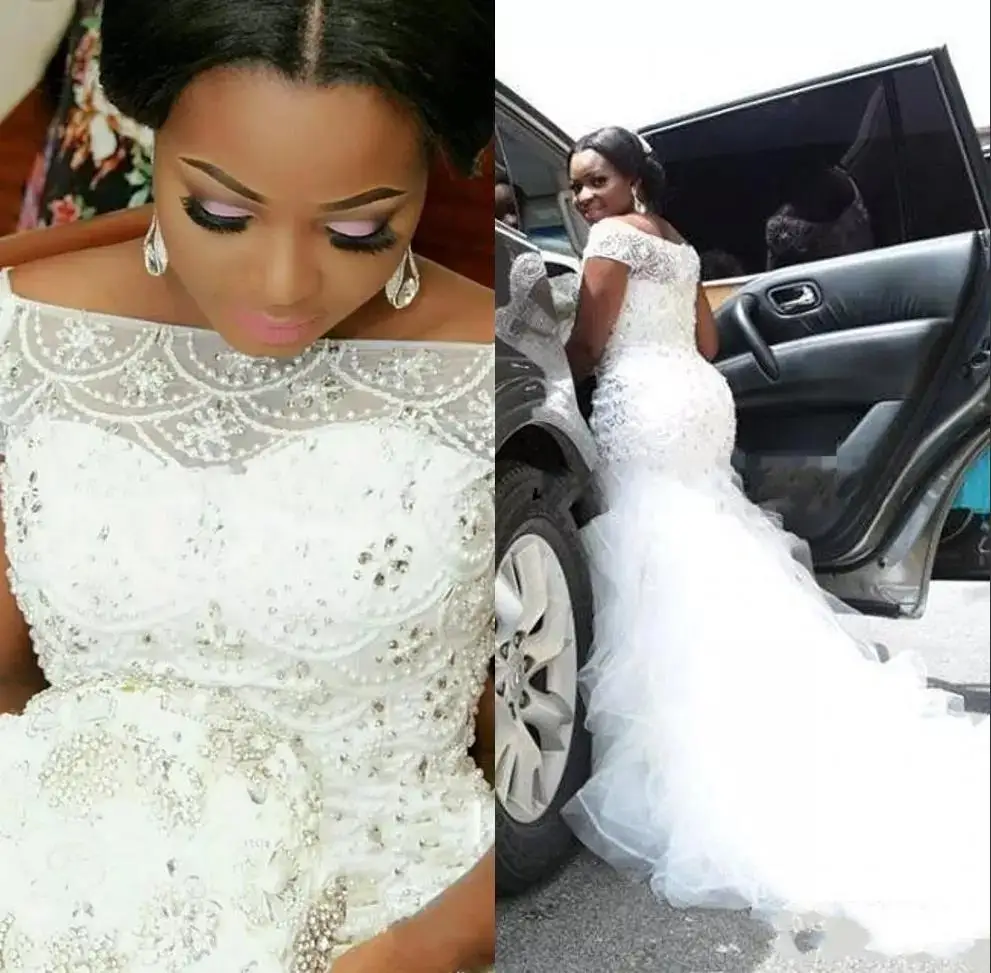 

2019 Hot African Nigeria Mermaid Wedding Dresses Off Shoulder Crystal Beaded Tiered Ruffles Court Train Custom Plus Size Formal
