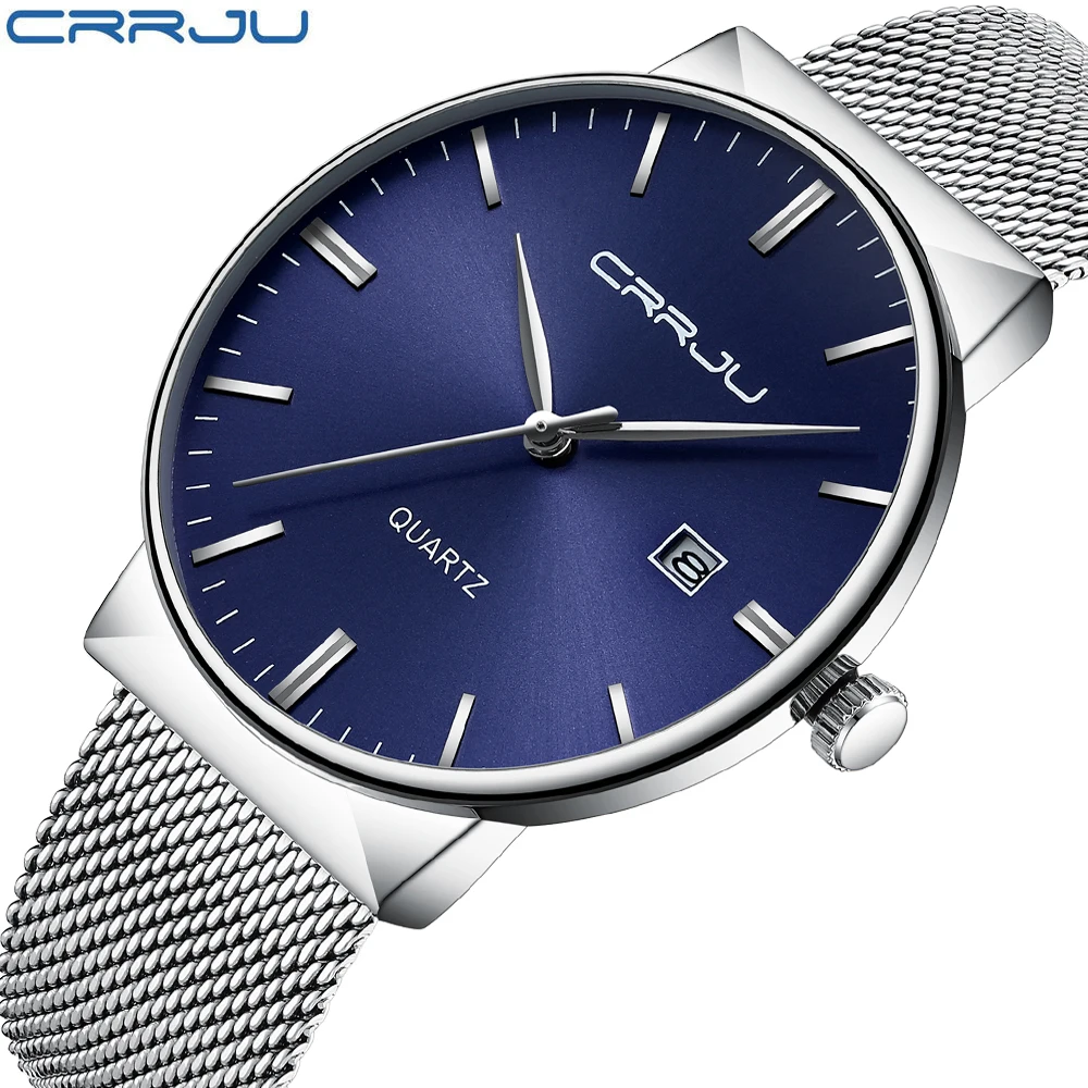 

Watch Men CRRJU Brand Blue Dial Business Stainless Steel Mesh Band Fashion Quartz Watch Slim Clock Male Erkek Kol Saati