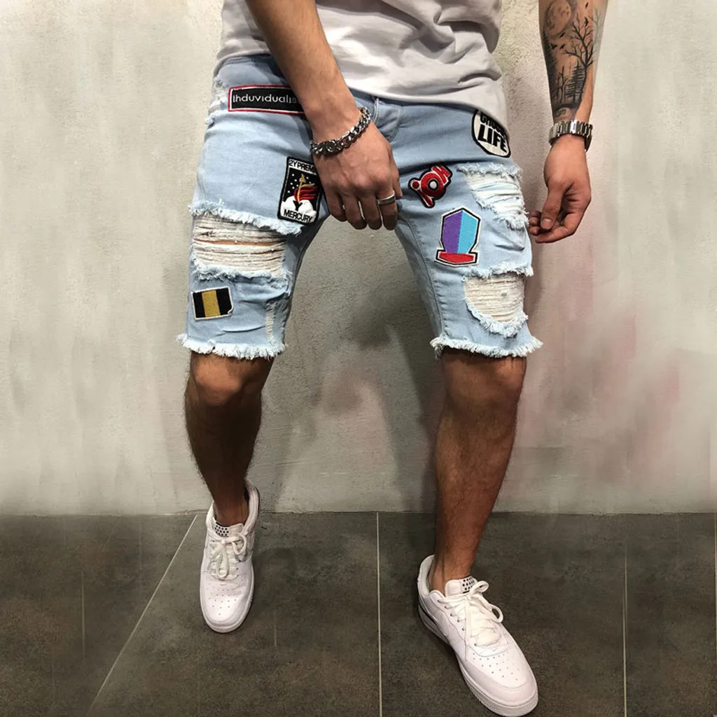 

New Arrive Men's Shorts Embroidery Jeans Shorts Slim Fit Appliques Hole High Street Jeans Shorts Men Cotton Drop Shipping