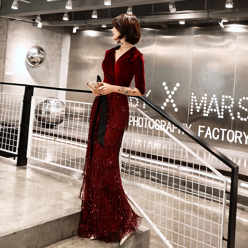 weiyin 2019 Velvet Evening Dresses Long Mermaid V-Neck Formal Dress Sequined Abendkleider Women robe de soiree longue WY1259
