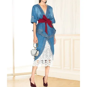 

New Designer Women Runway 2 Pieces Dress Suit Set V-neck Denim Dress Lace Skirt Casual Slim Twin Sets High Quality