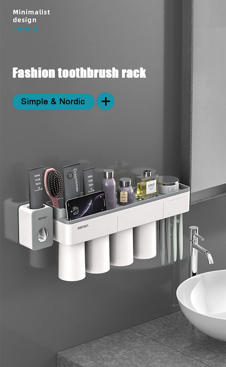 GUNOT Magnetic Adsorption Toothbrush Holder Toothpaste Dispenser Wall Mounted Storage Box Multifunction Bathroom Accessories Set