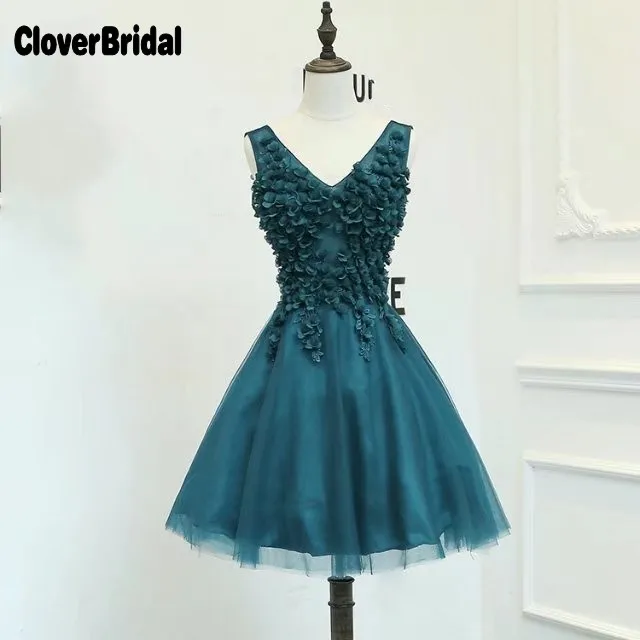 Fotos reais folais florais azul pavao vestido de formatura curto с цветами и листьями Павлин синие Бальные платья Короткие