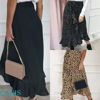 

Meihuida 2019 Fashion Leopard Print Bandage Long Ruffles Asymmetrical Skrits Hot Women's Sexy Long Sleeve Skirt Faldas De Mujer