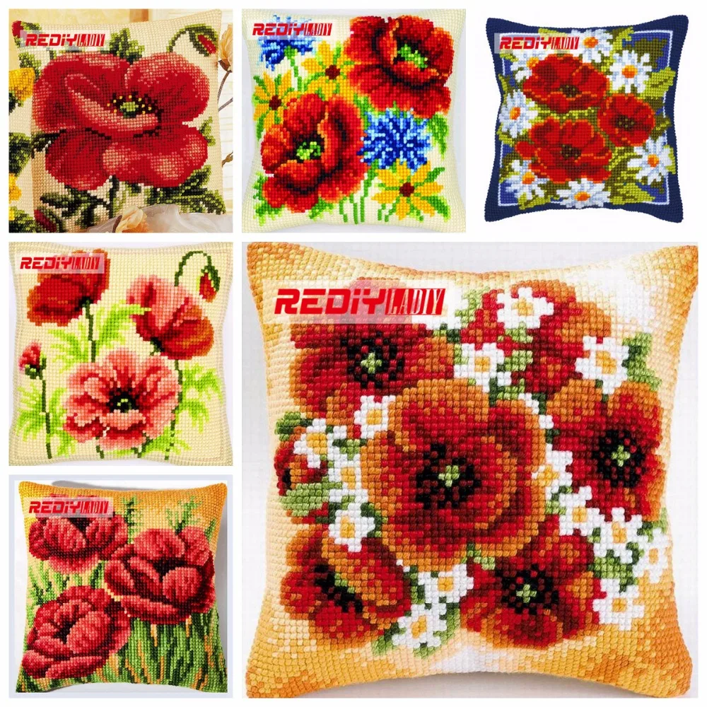 Ladiy Cross Stitch Pillow Cover Poppies And Daisies Dmc Counted