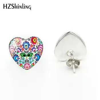 2018 New Polish Folk Pattern Heart Earring Glass Dome Photo Earrings Handmade Jewelry Silver Art Ear Studs For Women