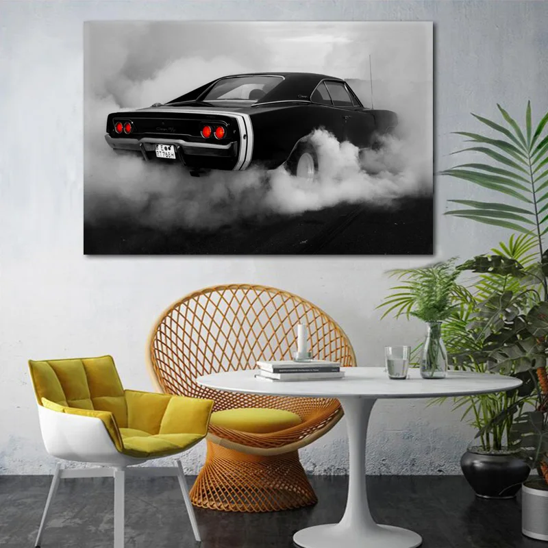 1969 Dodge Charger Burnout Black White Car Poster Canvas Print Art Decor Wall