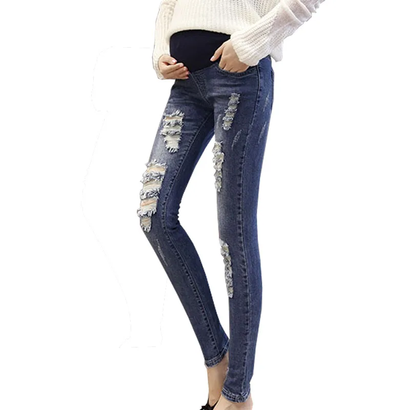 

Autumn Hole Elastic Waist Denim Maternity Jeans For Pregnant Women Pregnancy Prop Belly Pants Abdominal Jeans Gravidas Clothing