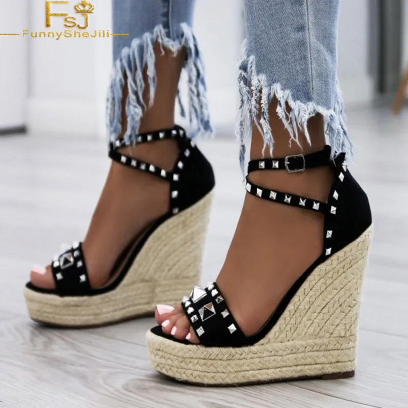 

Black Rivets Platform Heeled Open Toe Buckle Ankle Strap Wedge Sandals Party Night club Attractive Shoes Woman Big Size 16 FSJ