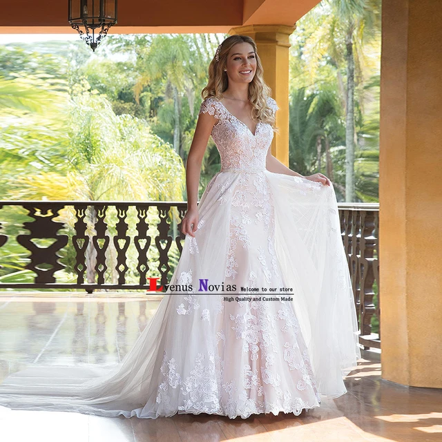 vestidos de novia baratos desmontable tren lujo blanco encaje
