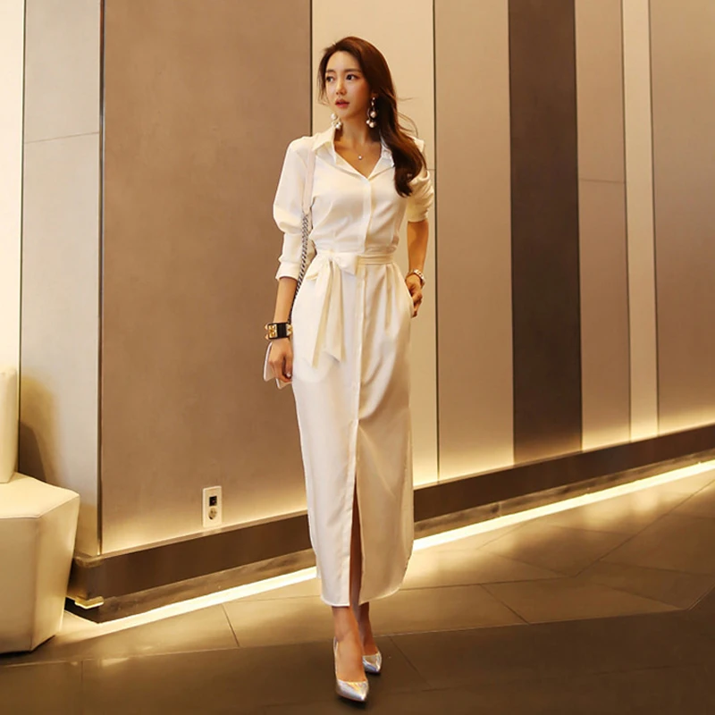 

May Leaves Love Turn-down Collar Long Dress 2019 Spring Summer Women Elegant Lace Up Long Sleeve Dress Office Lady Shirt Dress