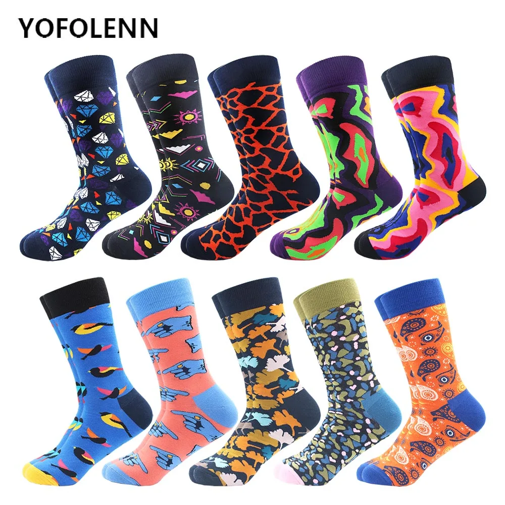 

10 pairs/lot Colorful Men's Combed Cotton Casual Dress Crew Socks Funny Novelty Street Wear Wedding Party Funny Skateboard Socks