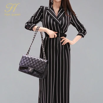 

H Han Queen Summer Striped Long Jumpsuits Women 2019 New Notched Neck Business OL Playsuits Formal Work Wide Leg Belted Jumpsuit