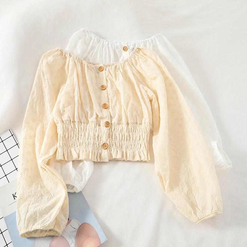 

2019 Women Summer Lantern Sleeve Slash Neck Basic Ruffles Shirt Casual Elastic Short Slim High Waist Cardigan Button Blouse Tops