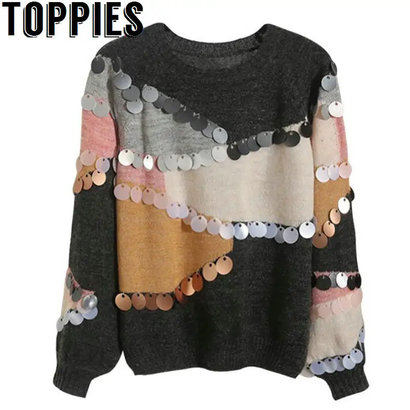

2019 Women Sequins Beading Sweaters O-neck Loose European Style Knitwear Mohair Sweater