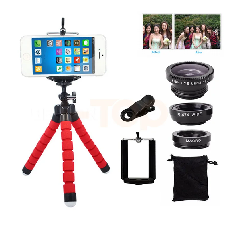 

2017 Cell Phone Camera Lens Kit 3in1 Fisheye Wide Angle Macro Lenses Tripod For Samsung S5 S6 S7 S7 S8 edge Note 4 5 Smartphone