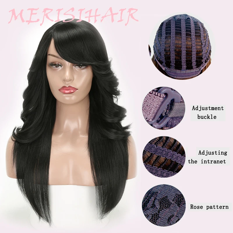 MERISI HAIR Black Color Long Straight With Bangs Hairstyle Curly And Straight Hair Mix Synthetic Wigs Black Women Heat Resistant (1)