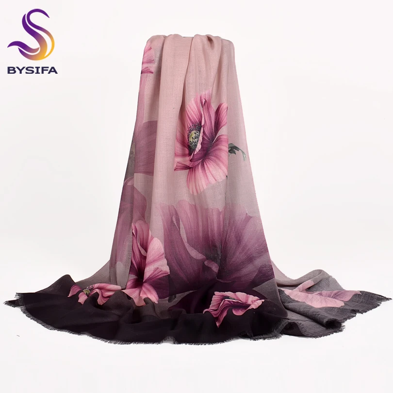 [BYSIFA] Ladies Purple Scarves Foulard New Floral Design 100% Wool Cashmere Scarves Fall Winter Women Wool Scarf Shawl 190*75cm
