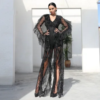 

Lace ruffled long sleeve split cross perspective jumpsuit deep V-neck long sleeve elegant temperament personality jumpsuit Slim