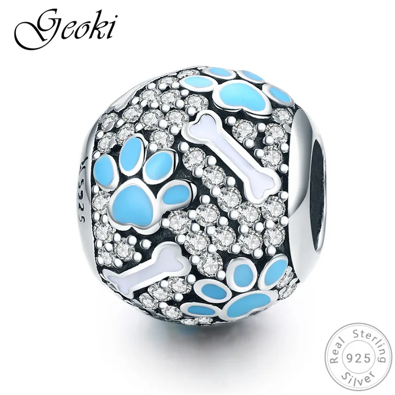 

Geoki 925 Sterling Silver Cute Blue Dog Footprint Bone Beads fit Pandora Bracelet Original S925 Animal Beads Necklace Pendant