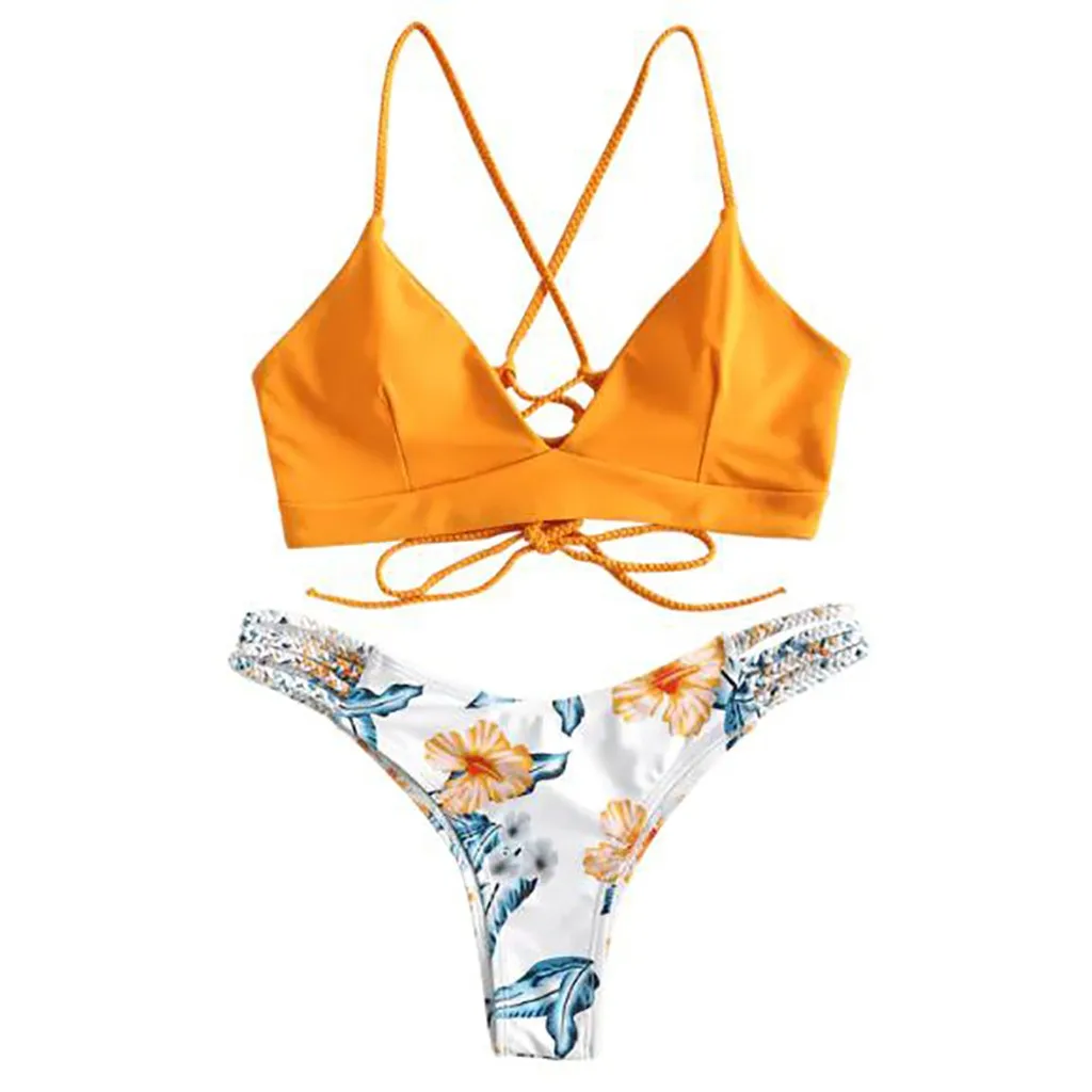 

2019 Sexy Bandage Bikini Girls Women's Bikini Cut Yellow Flower Two Piece Swimsuit Pushups Swimwear Beachwear Beachwear monokini