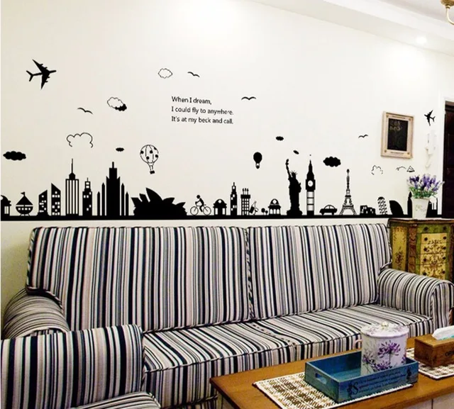 

% Fashion Eiffel Tower Sydney Greek city Building set DIY Wall Stickers Living Room Background Decor Mural Decal Wallpaper