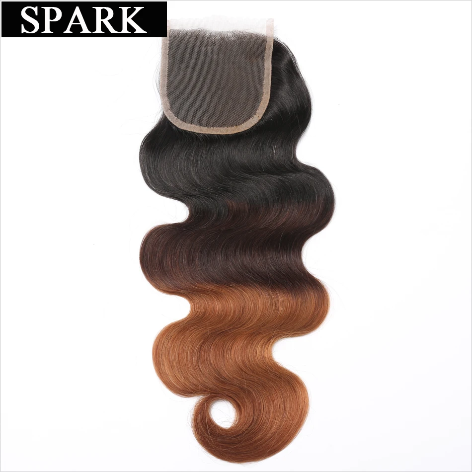 

Spark Brazilian Body Wave Closure Remy Human Hair 4''x4'' Free Part Lace Closure Ombre Color 1B/4/30 Medium Brown 130% Density