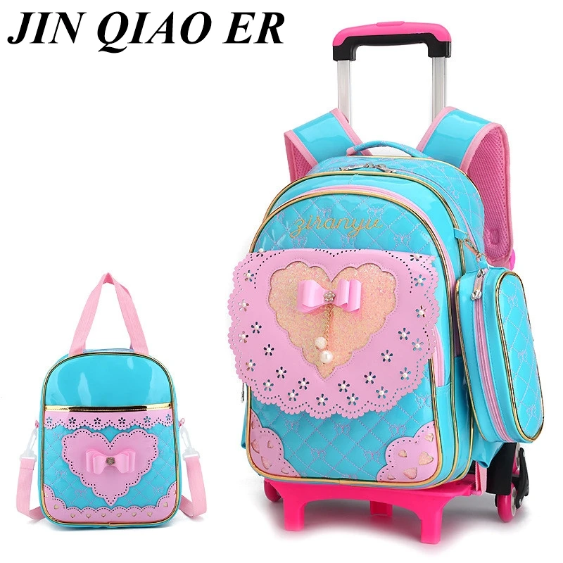 

Cute Bow New Princess Style Girls Trolley School Bag 3PCS/set PU Leather Waterproof Wheeled Backpack Ruffles Removable Backpack