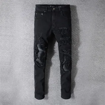 

2019 New Fashion High Street trend Hole Men's jeans tide brand punk style youth Slim feet trousers More Size 28-38 40 42